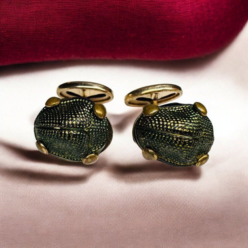 ANTIQUE- 9K Gold -Victorian- Natural Scarab Cufflinks- -6.2g Real Green Beetles